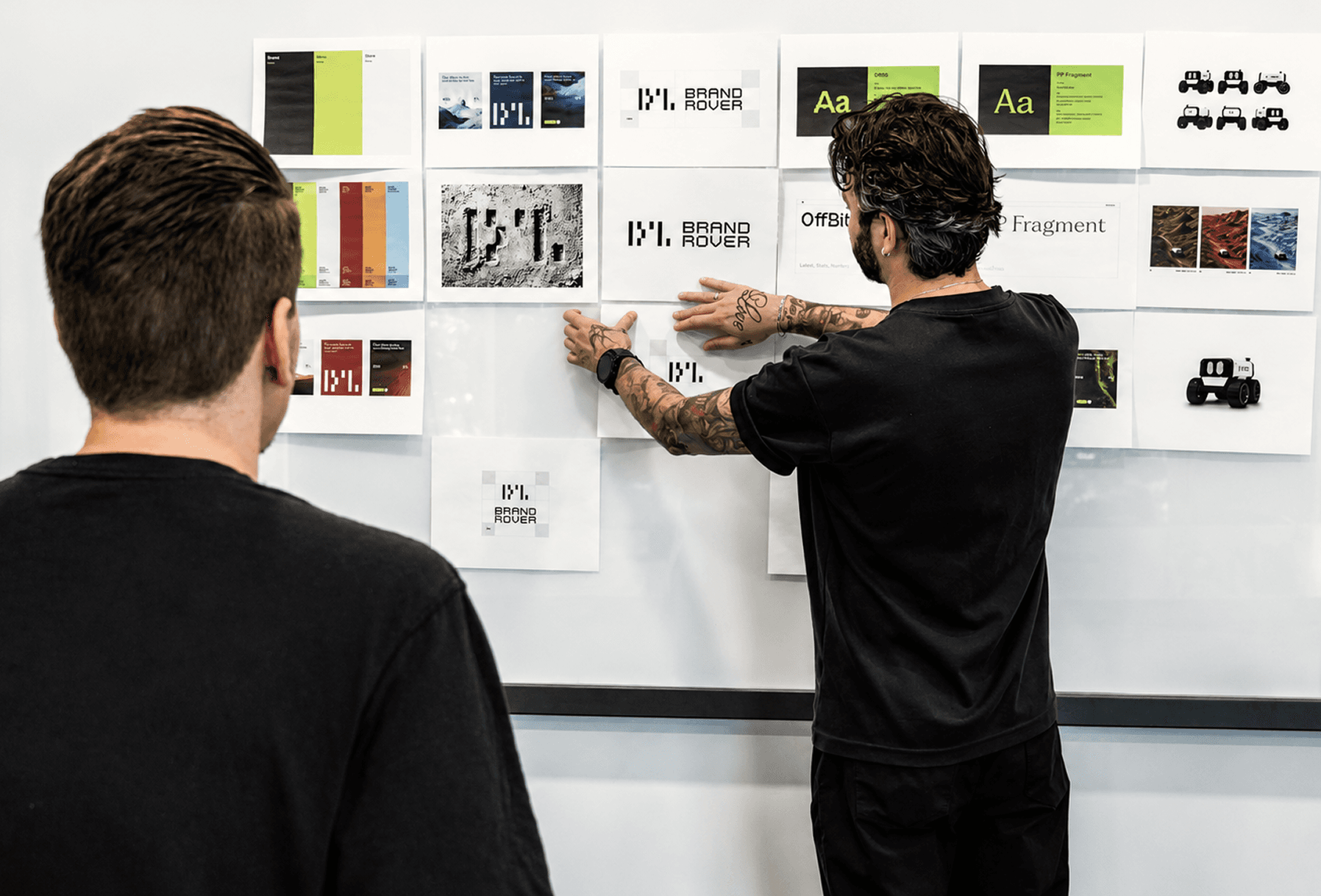 Brand Rover founders mapping the brand story on a whiteboard