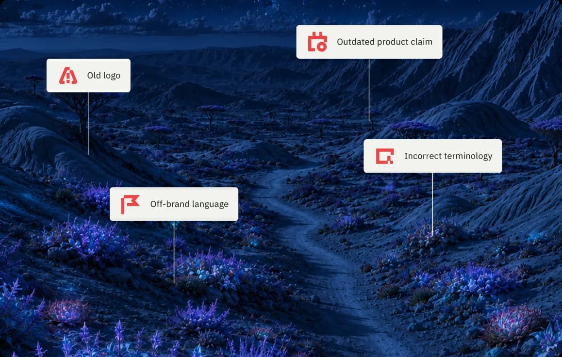 Night blue landscape with flags marking outdated and off-brand content